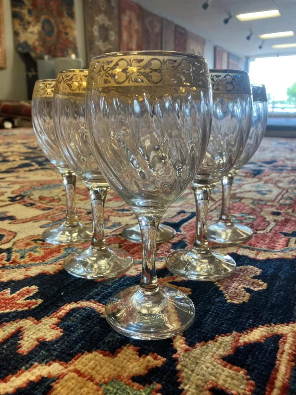 Vintage Authentic Italian Murano Hand Blown 24K Gold Rimmed Wine Glass Set of 6